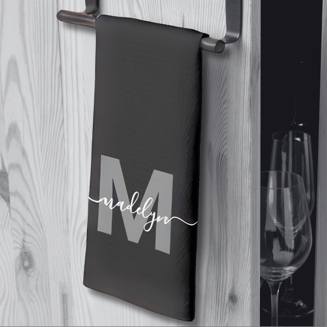 Svart Vit Namnmonogram Kökshandduk (Black White Name Monogram kitchen towel)