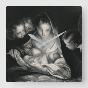 Svart vit NativitybabyJesus för jungfrulig Mary Fyrkantig Klocka