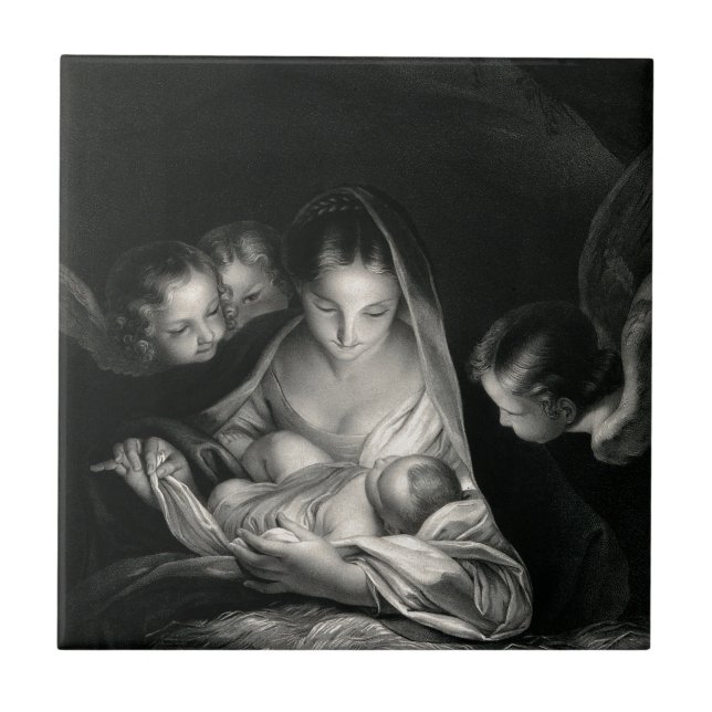 Svart vit NativitybabyJesus för jungfrulig Mary Kakelplatta (Framsidan)