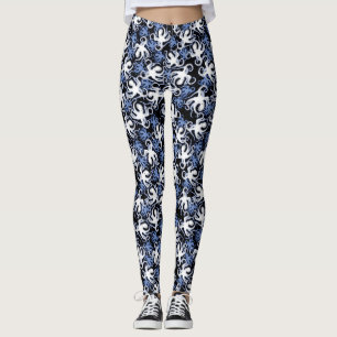 Svart, vit och blå oktopus utan sjölösa Mönste Leggings