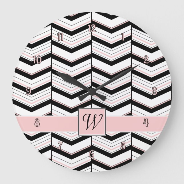 Svart vit och  Chevron Clock Stor Klocka (Framsida)