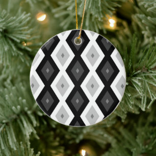 Svart, vit och grått diamant mönster julgransprydnad keramik