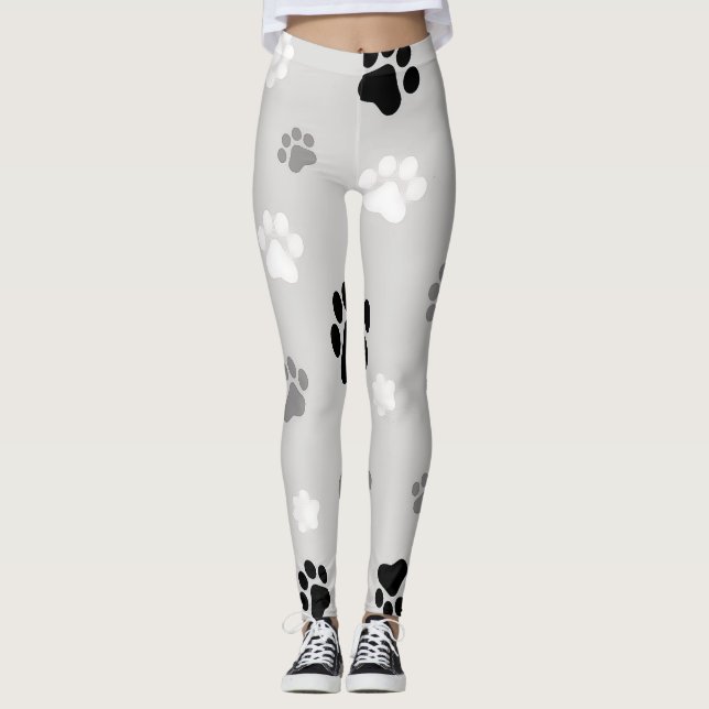 Svart, vit och Grått Hund Tass-tryckta skinn Leggings (Framsida)