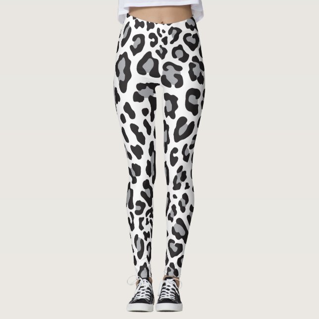 Svart, vit och Grått Leopard Skriv ut Leggings (Framsida)