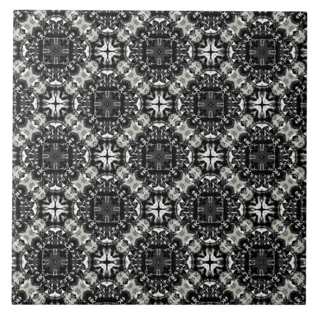 Svart, vit och Grått Ruffled Mandalas Mönster Kakelplatta (Framsidan)