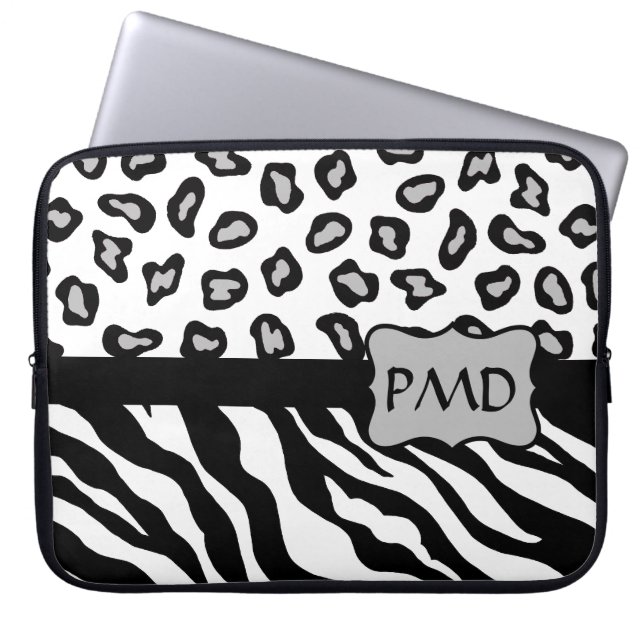 Svart, vit och Grått Zebra och Cheetah Skin Monogr Laptop Fodral (Framsidan)