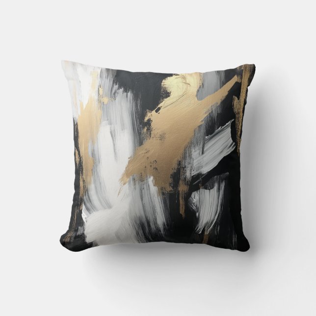 Svart, Vit och Guld Abstrakt för pennstreck Kudde (Framsida)