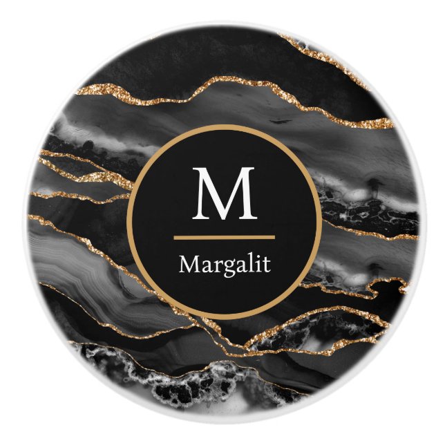 Svart Vit och Guld Falsk Marmor Agat Monogram Knopp (Framsidan)