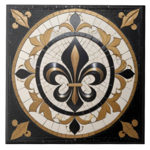 Svart Vit och Guld Fleur de Lis Falsk Mozaik Kakelplatta