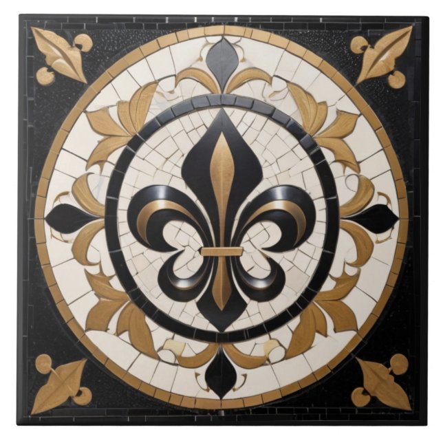 Svart Vit och Guld Fleur de Lis Falsk Mozaik Kakelplatta (Framsidan)