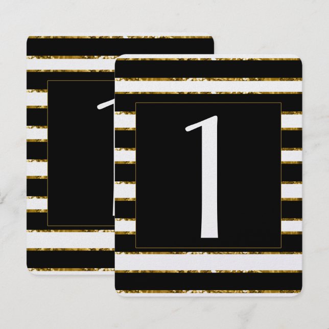 Svart Vit och Guld Glitter Bröllops Bordnummer Inbjudningar (Fram/baksida)