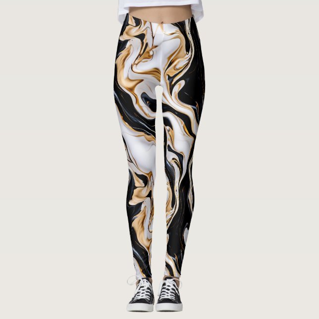 Svart, vit och Guld Marble Effect Ai Leggings (Framsida)
