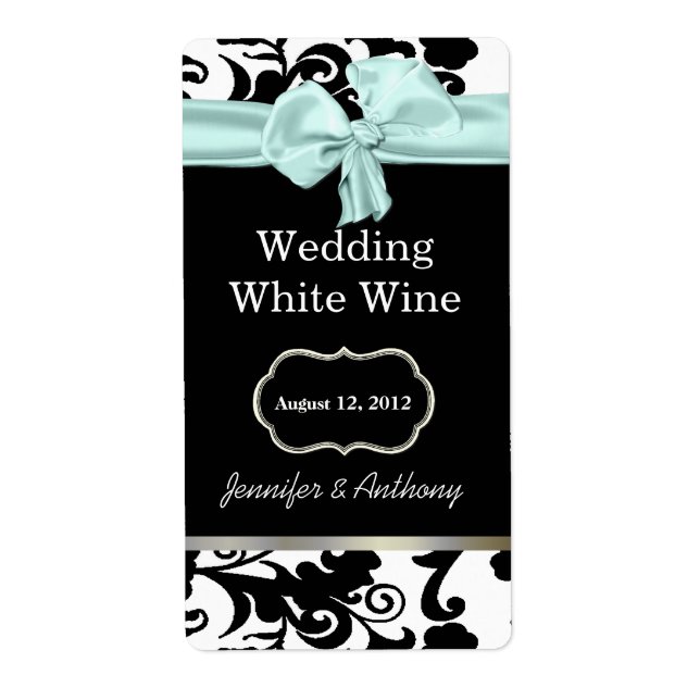 Svart, vit och Mint Damask Wedding Vin-etiketter Fraktsedel (Framsidan)