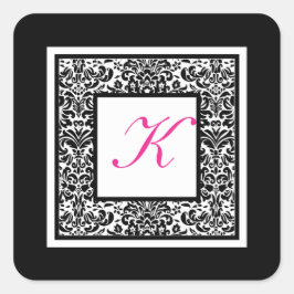 Svart, vit och Rosa Damask Monogram Sticker Fyrkantigt Klistermärke