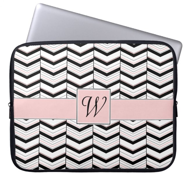 Svart Vit och Röslig Chevron Laptopsleeve Laptop Sleeve (Framsidan)