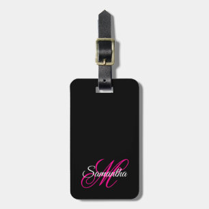 Svart Vit och Varm Rosa Fancy Script Monogram Bagagebricka