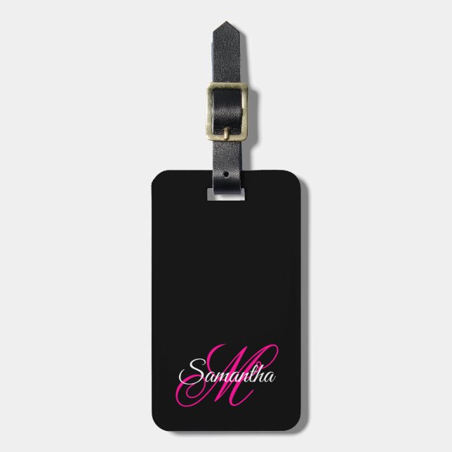 Svart Vit och Varm Rosa Fancy Script Monogram Bagagebricka (Vertikal Framsida)