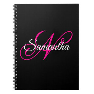 Svart Vit och Varmrosa Fancy Script Monogram Anteckningsbok