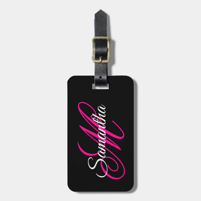 Svart Vit och Varmrosa Fancy Script Monogram Bagagebricka (Vertikal Framsida)