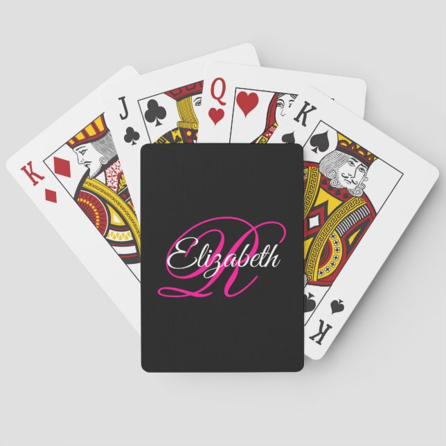 Svart Vit Och Varmrosa Fancy Script Monogram Casinokort (Baksidan)