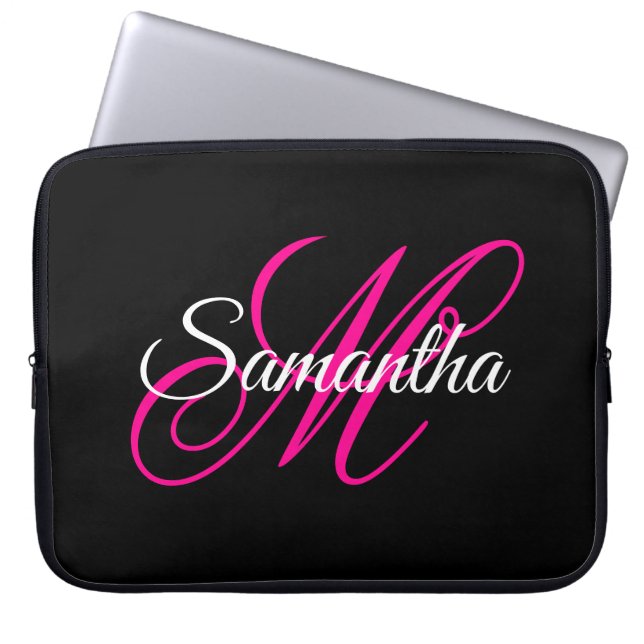 Svart Vit och Varmrosa Fancy Script Monogram Laptop Fodral (Framsidan)