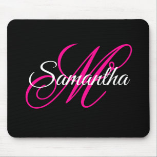 Svart Vit och Varmrosa Fancy Script Monogram Musmatta