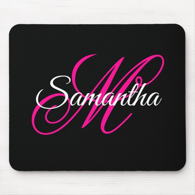 Svart Vit och Varmrosa Fancy Script Monogram Musmatta (Framsidan)