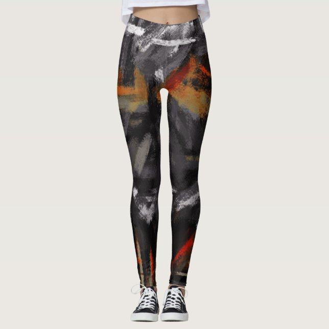 Svart Vit Orange Abstrakt Målning Leggings (Framsida)