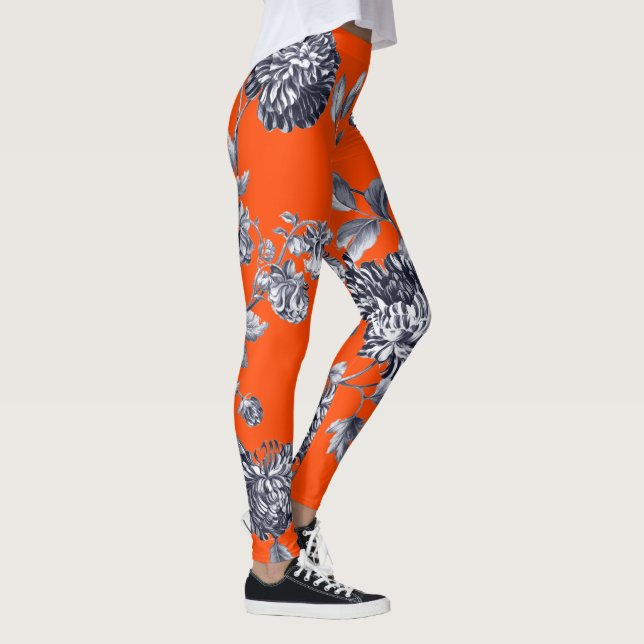 Svart & vit orange botaniska blom- Toile Leggings (Höger)