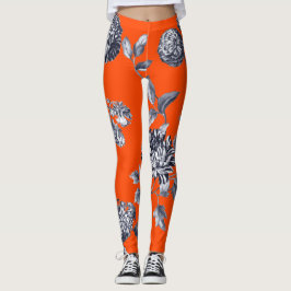 Svart & vit orange botaniska blom- Toile Leggings