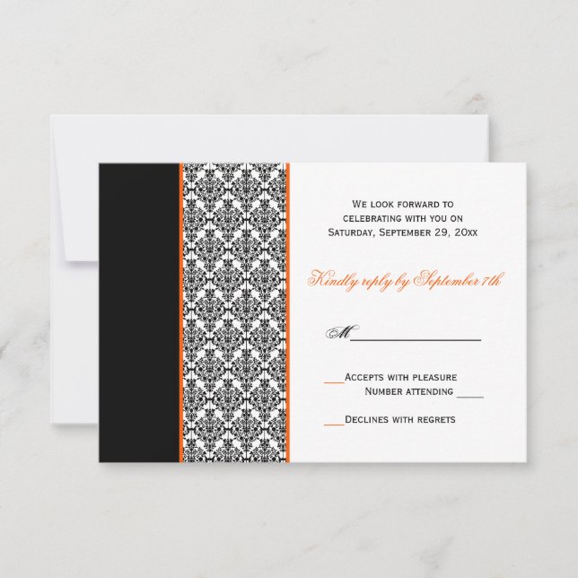 Svart Vit Orange Damask RSVP-kort OSA Kort (Framsida)