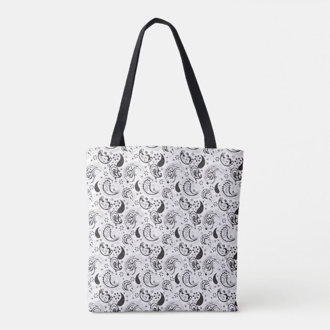 Svart Vit Paisley Designer Handväska Tygkasse (Baksida)