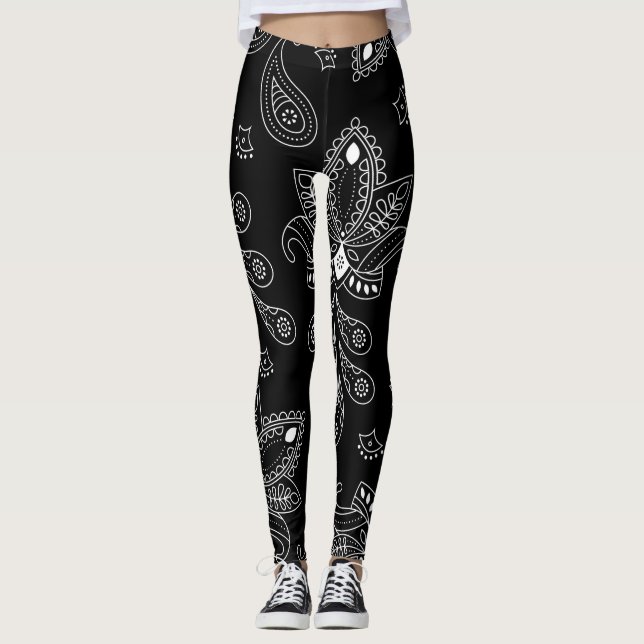 Svart/vit Paisley Leggings (Framsida)