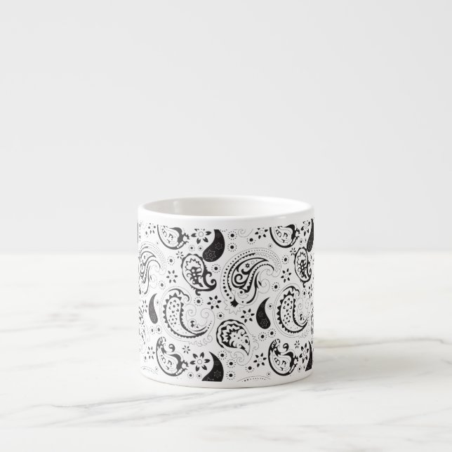 Svart & Vit Paisley-mönster – Elegant Textilkonst Espressomugg (Framsidan)