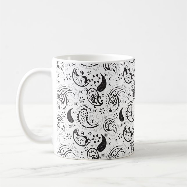 Svart & Vit Paisley-mönster – Elegant Textilkonst Kaffemugg (Vänster)