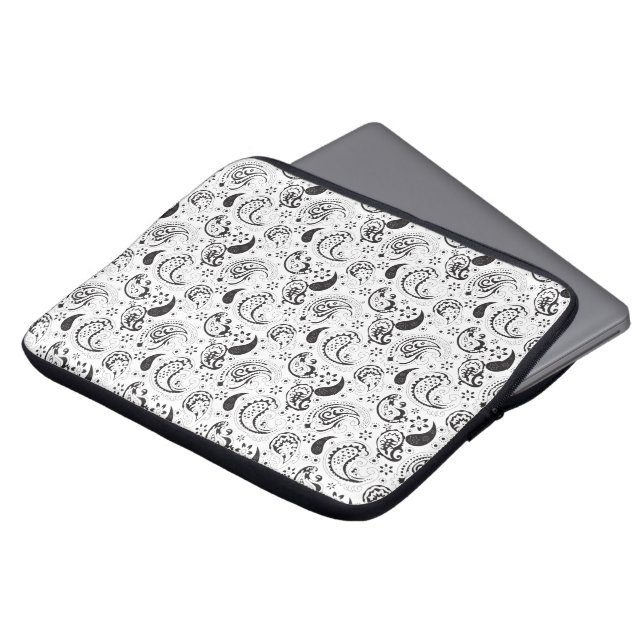 Svart & Vit Paisley-mönster – Elegant Textilkonst Laptop Fodral (Framsida topp)