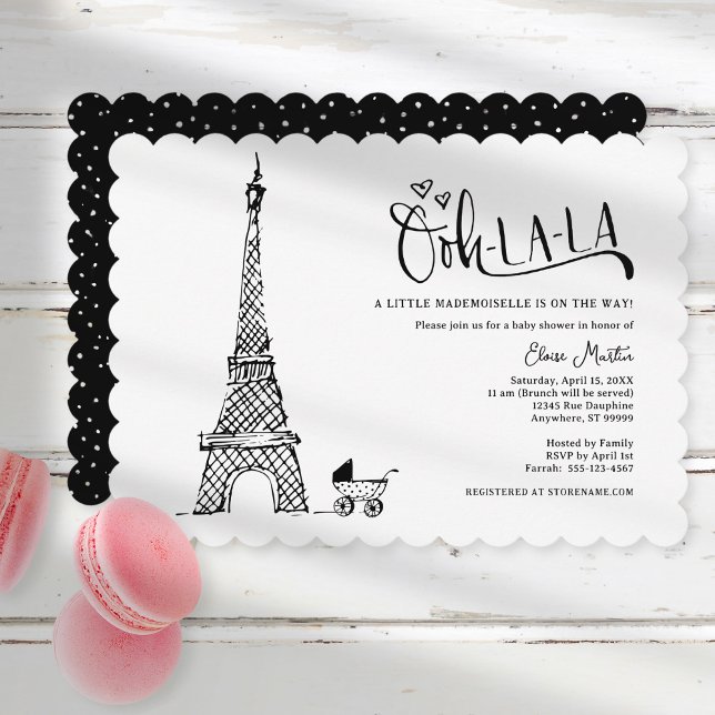 Svart vit Paris-Fransk, babyvisning Inbjudningar (Shown on a 5" x 7" card with scalloped edges)