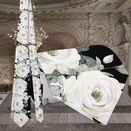 Svart & Vit Peony Grönska Bröllop Slips