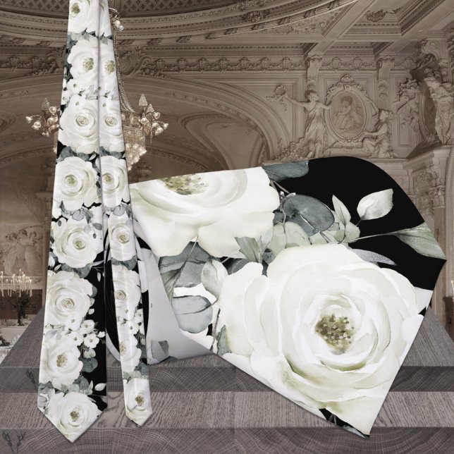 Svart & Vit Peony Grönska Bröllop Slips (Skapare uppladdad)