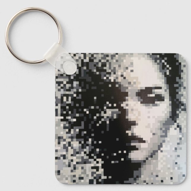 Svart-vit pixeliserad porträttbild nyckelring (Framsida)
