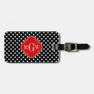 Svart Vit Polka Prickar Röd Fyrklöver 3 Monogram Bagagebricka