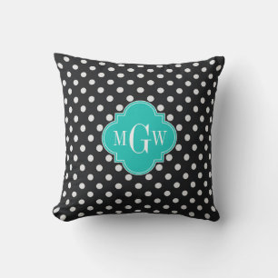 Svart Vit Polka Prickar Teal Fyrklöver 3 Monogram Kudde