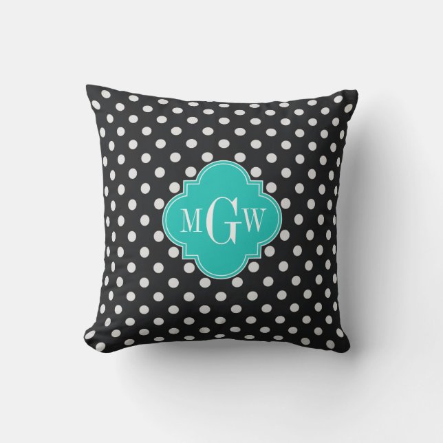 Svart Vit Polka Prickar Teal Fyrklöver 3 Monogram Kudde (Framsida)