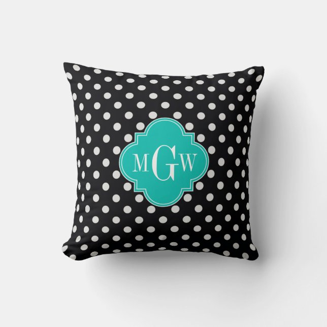Svart Vit Polka Prickar Teal Fyrklöver 3 Monogram Kudde (Framsida)