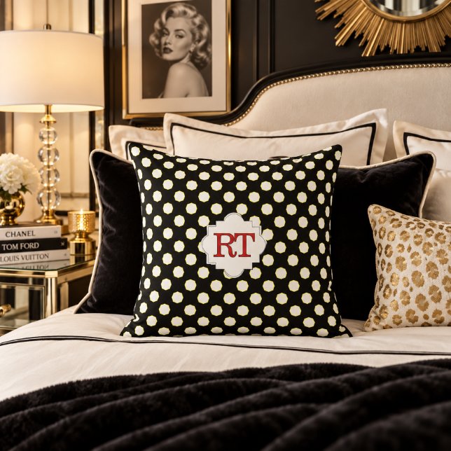 Svart vit prickig monogram kastkudde kudde (Chic Retro Monogrammed Pin Dot Decorative Pillow )