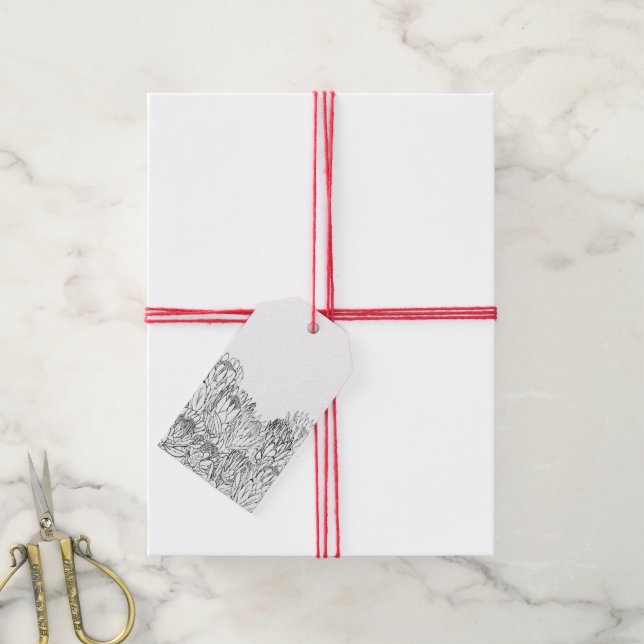 Svart & Vit Protea Skiss Bouquet  Presentetikett (Med Snöre)