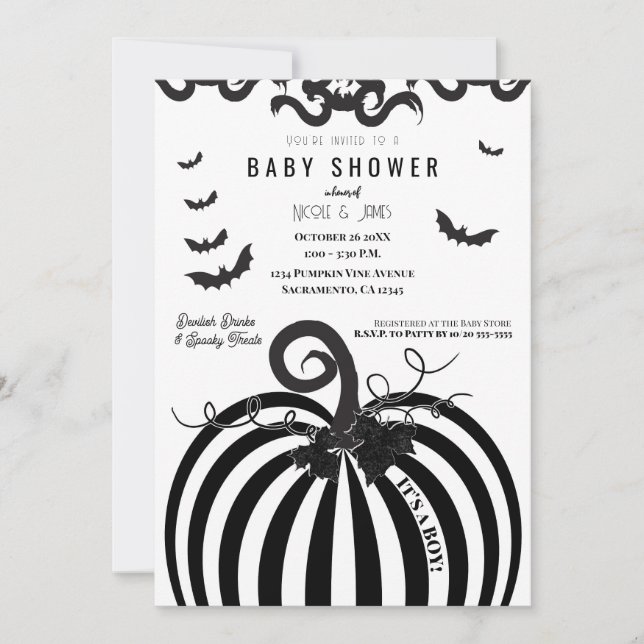Svart & Vit Pumpa Halloween Baby Shower Inbjudningar (Framsida)