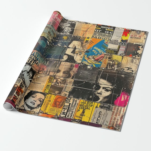 Svart Vit Punk Rock Serieteckning Kollage Grid Presentpapper (Utrullad)