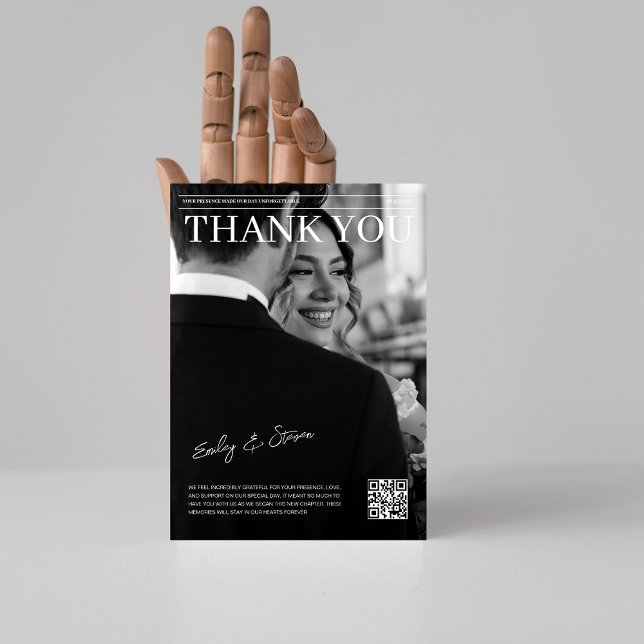 Svart-vit QR-kod för tidskriftsomslag bröllop Tack Kort (Skapare uppladdad)