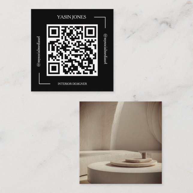Svart-vit QR-kod Inredningsdesigner Fyrkantigt Visitkort (Fram/baksida)